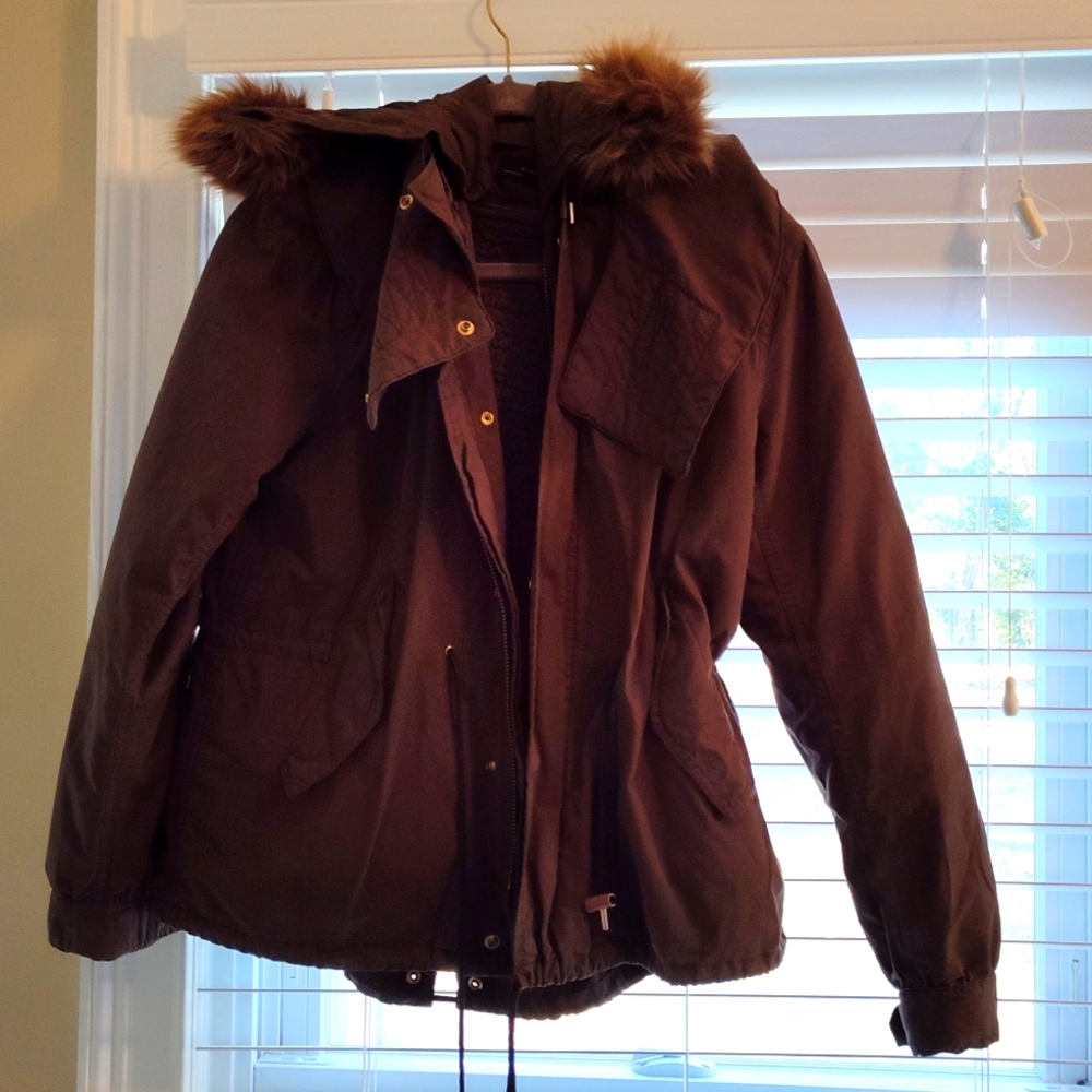Zara Cargo Coat Green Fur Hood Size Large